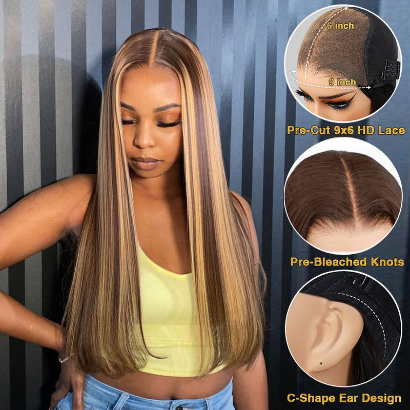 P4/27 Highlight Straight Human Hair Wig | Glueless Invisible Lace | Wear & Go | Lumma