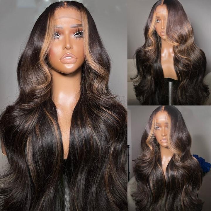 Money Piece Brown Body Wave Human Hair Lace Wig | Transparent Lace Front | Glueless Skunk Stripe | Lumma